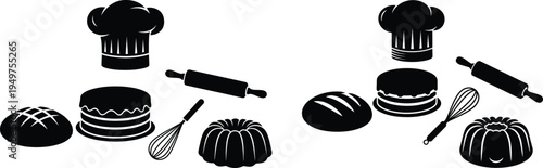 A collection of black silhouette icons depicting various essential baking tools and fresh pastries