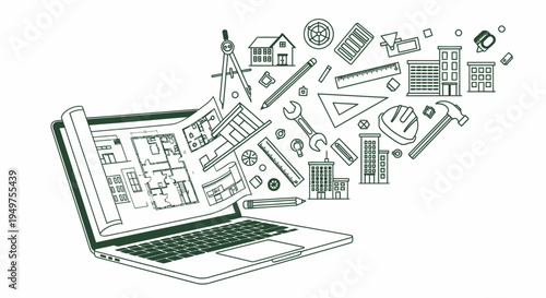 Laptop with architecture blueprints and tools.
