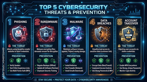 Cybersecurity threats infographic with top 5 threats and prevention measures