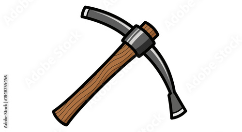 Pickaxe with wooden handle closeup.