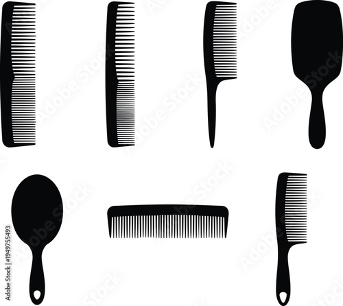A collection of black silhouette icons featuring various hair styling combs and hairbrushes set