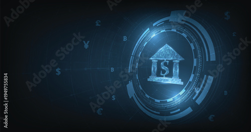Concept of Banking and Finance.Banking Technology concept.Isometric illustration of bank on dark blue technology background. Digital connect system.Financial and Banking technology concept.
