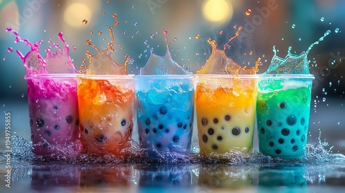 Five cups of colorful bubble tea are lined up as liquid splashes dramatically from the tops. Each drink features a different vibrant hue and dark tapioca pearls at the bottom.