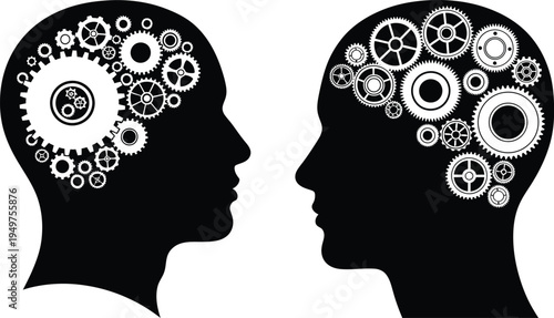 A symbolic illustration of two human head silhouettes with complex gear mechanisms for a brain