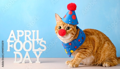 Cat in clown costume with April Fool’s Day text
