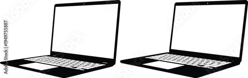 Two modern laptop computer silhouettes displayed from different angles with blank white screens