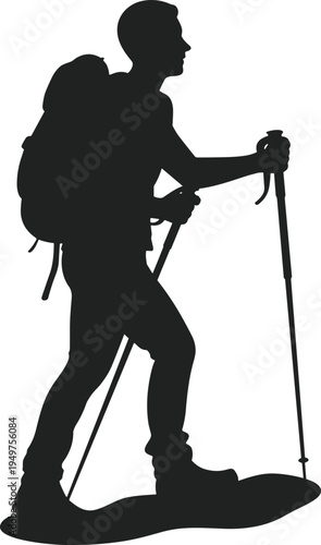 Black silhouette of a male traveler with a backpack and trekking poles walking uphill on a mountain trail during summer