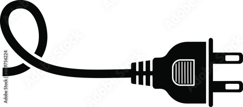 A black silhouette of an electrical power plug with a looped cord on a plain white background
