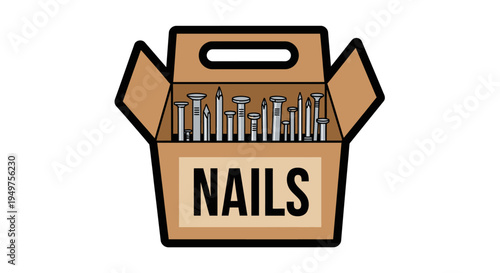Open cardboard box of metal nails.