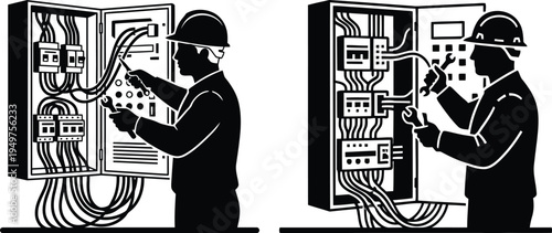 A black and white silhouette illustration showing two electricians repairing electrical panels