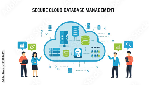 People managing secure cloud database systems with various data storage, security, and analytics tools, illustrating modern cloud computing infrastructure.