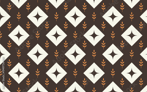 Seamless retro geometric pattern with mid-century modern stars and botanical leaves