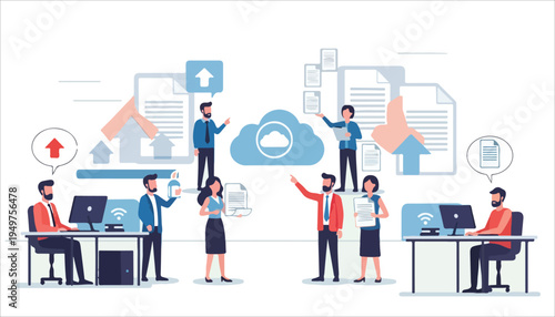 Diverse business team utilizing cloud technology for data management and document sharing in a modern office environment.