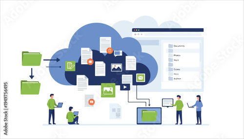 People interacting with cloud storage and data management system, showing file synchronization and digital document access.