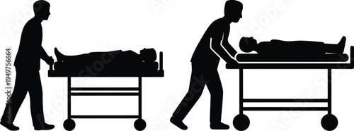 Black silhouette icons showing medical staff transporting patients on hospital gurneys in profile