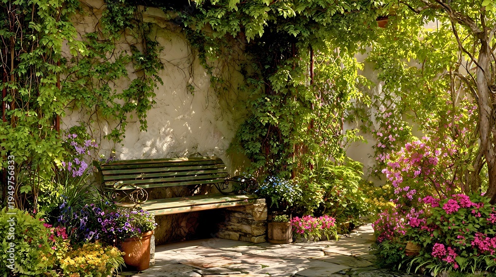 Obraz premium Serene garden bench surrounded by lush greenery and vibrant flowers in a tranquil outdoor setting with natural sunlight