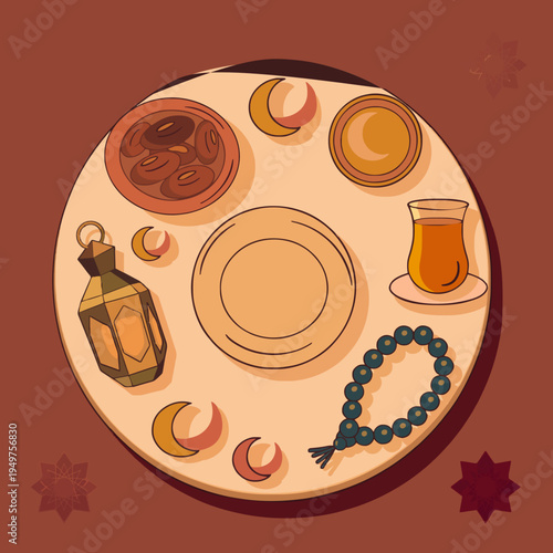 Ramadan Iftar Table Top View with Dates, Tea, Lantern and Prayer Beads Vector Illustration