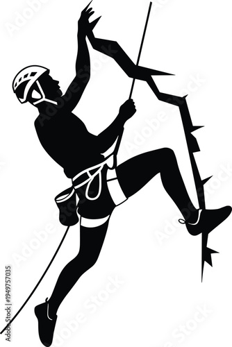 Minimalist Black Silhouette Vector Illustration of a Rock Climber Reaching for a Handhold While Scaling a High Mountain Cliff Crack