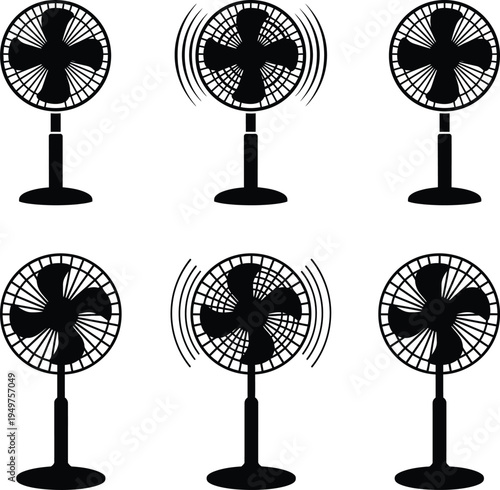 A collection of black silhouette icons representing various cooling electric pedestal floor fans