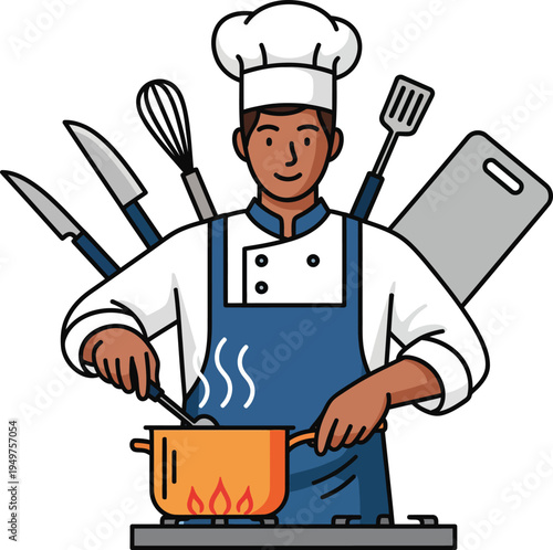 Chef cooking delicious food in a professional kitchen setting.