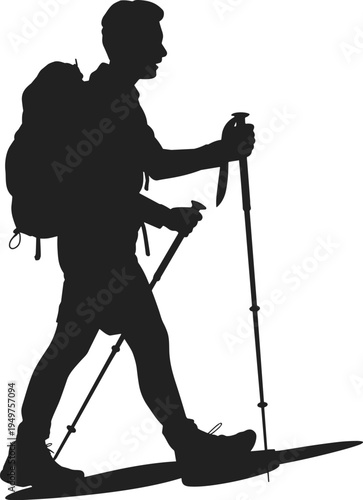 Silhouette of a male hiker with a backpack and trekking poles walking on a trail during an outdoor mountain adventure