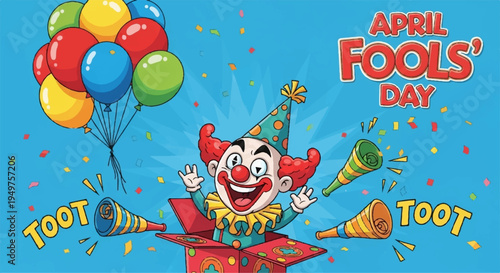 Jovial clown in party hat holding balloons and horns on april fools' day with confetti