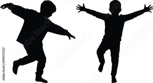 Black silhouettes of two young children playing and jumping with arms outstretched on white ground