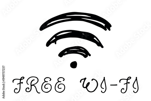 Hand drawn free wifi spot zone sign Public wi-fi area sign Wireless internet clipart in doodle style Single element for print, web, design, decor 3G, 4G, 5G, 6G, IoT