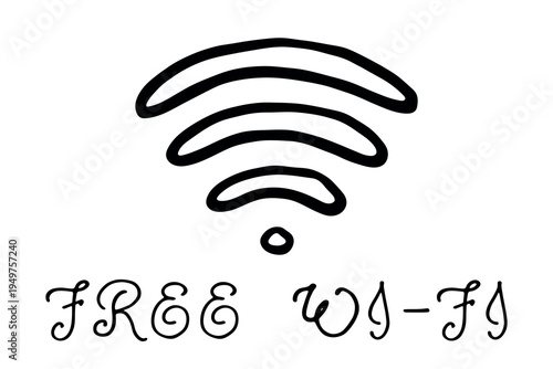 Hand drawn free wifi spot zone sign Public wi-fi area sign Wireless internet clipart in doodle style Single element for print, web, design, decor 3G, 4G, 5G, 6G, IoT