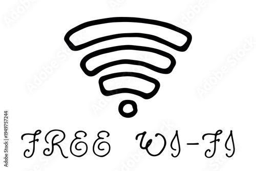 Hand drawn free wifi spot zone sign Public wi-fi area sign Wireless internet clipart in doodle style Single element for print, web, design, decor 3G, 4G, 5G, 6G, IoT