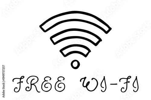 Hand drawn free wifi spot zone sign Public wi-fi area sign Wireless internet clipart in doodle style Single element for print, web, design, decor 3G, 4G, 5G, 6G, IoT