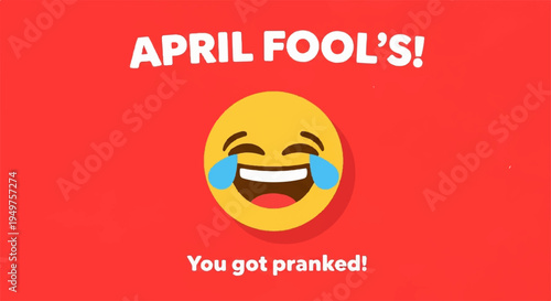 Laughing emoji on red background with april fool's message