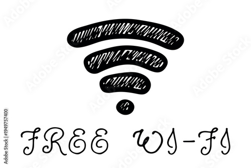 Hand drawn free wifi spot zone sign Public wi-fi area sign Wireless internet clipart in doodle style Single element for print, web, design, decor 3G, 4G, 5G, 6G, IoT