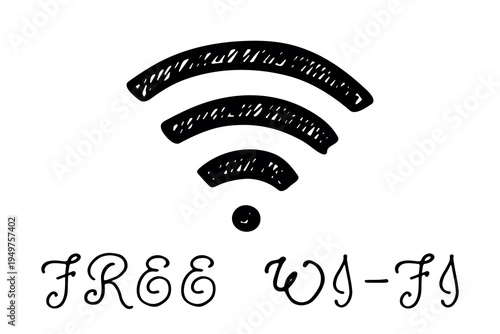 Hand drawn free wifi spot zone sign Public wi-fi area sign Wireless internet clipart in doodle style Single element for print, web, design, decor 3G, 4G, 5G, 6G, IoT
