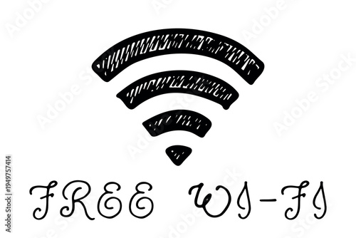 Hand drawn free wifi spot zone sign Public wi-fi area sign Wireless internet clipart in doodle style Single element for print, web, design, decor 3G, 4G, 5G, 6G, IoT