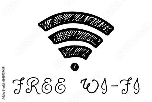 Hand drawn free wifi spot zone sign Public wi-fi area sign Wireless internet clipart in doodle style Single element for print, web, design, decor 3G, 4G, 5G, 6G, IoT