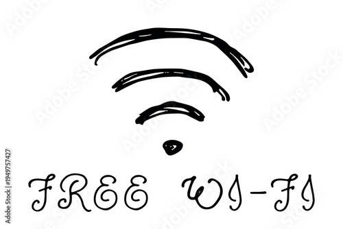 Hand drawn free wifi spot zone sign Public wi-fi area sign Wireless internet clipart in doodle style Single element for print, web, design, decor 3G, 4G, 5G, 6G, IoT