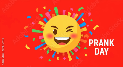 Colorful smiling sun with confetti on prank day symbolizing fun and celebration