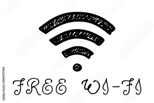 Hand drawn free wifi spot zone sign Public wi-fi area sign Wireless internet clipart in doodle style Single element for print, web, design, decor 3G, 4G, 5G, 6G, IoT