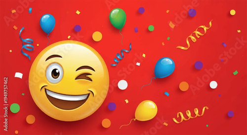 Winking smiling emoji face with colorful balloons confetti on red background celebrating fun party