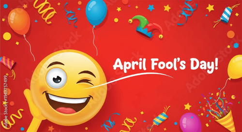 Winking smiling emoji on red background with april fool's day celebration elements and balloons