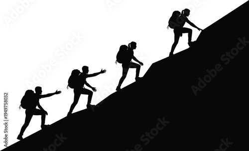 mountain climber silhouette set, hikers climbing steep mountain slope, teamwork helping concept, backpack trekking adventure vector illustration