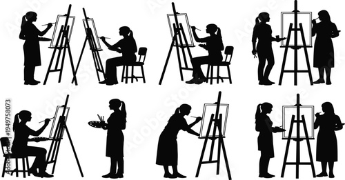 artist painting silhouette set, painter with easel and canvas vector illustration, art studio creative people drawing bundle