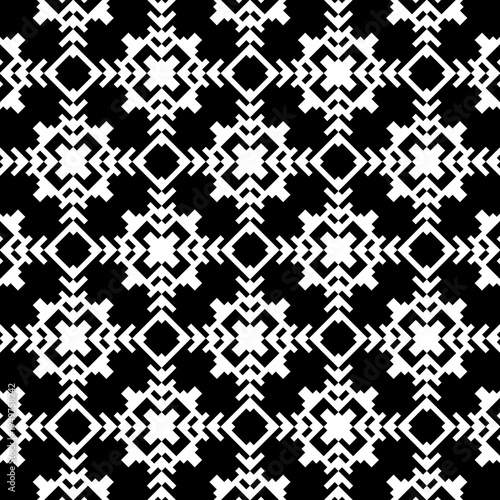 Minimalist black and white flower geometric pattern. Seamless pixelated floral motif for contemporary textile design and wallpaper background.CMYK