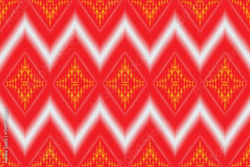 Vibrant red and gold ikat pattern. Contemporary geometric zigzag tribal ornament for textile design and graphic background.