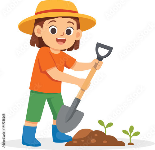 A cheerful girl wearing a hat and boots is gardening with a shovel planting small seedlings into the ground.