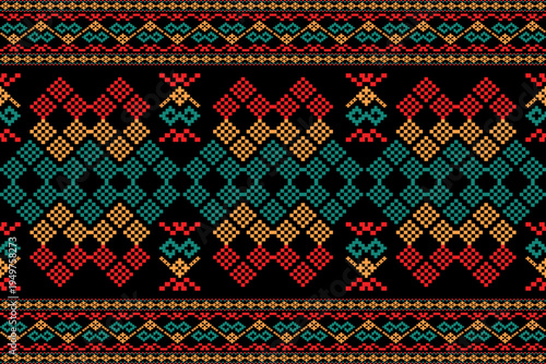 Geometric cross-stitch ethnic pattern. Red, gold, and emerald tribal embroidery on black background for textile and fashion design.