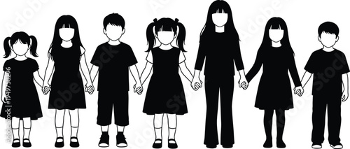 children silhouette set, kids holding hands vector illustration, boys and girls friendship group isolated child character bundle