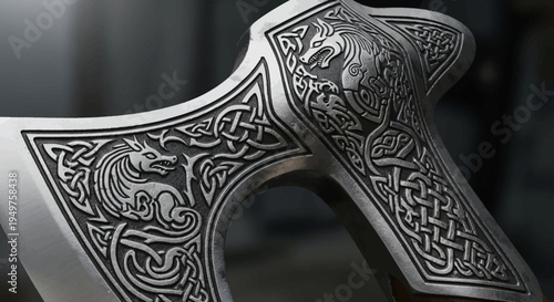 Celtic knotwork design on a silver Viking axe head with wolf and dragon engravings