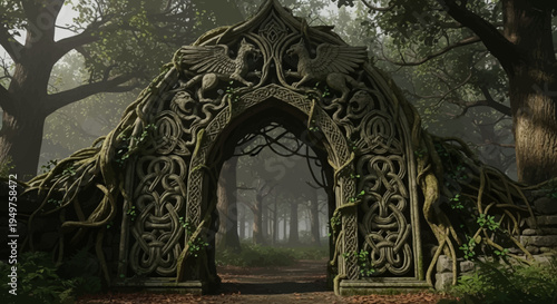 Celtic archway in forest with intricate carvings and roots